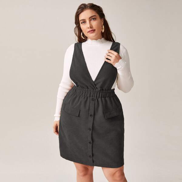

Plus Corduroy Button Front Overall Dress, Dark grey