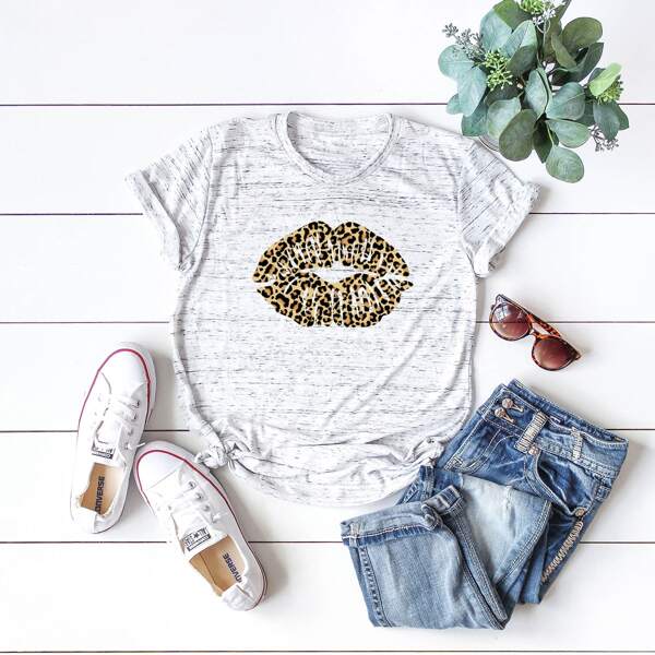 

Plus Space Dye Lip And Leopard Tee, Light grey