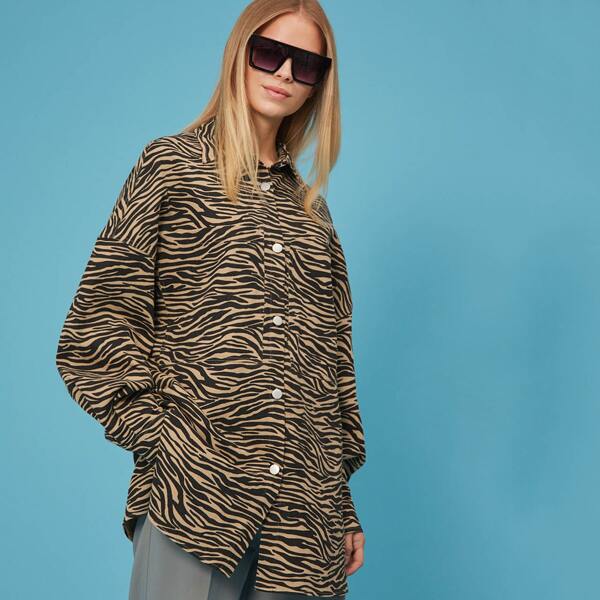 

Drop Shoulder Zebra Striped Longline Blouse, Multicolor