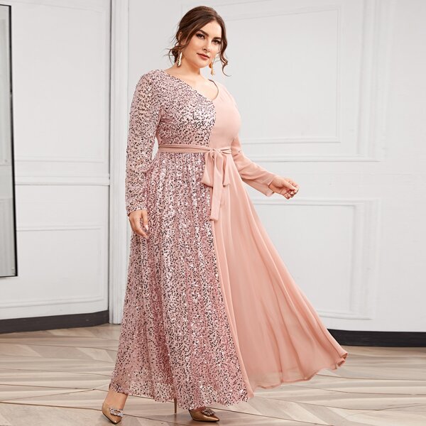 

Plus Contrast Sequin Belted Dress, Baby pink