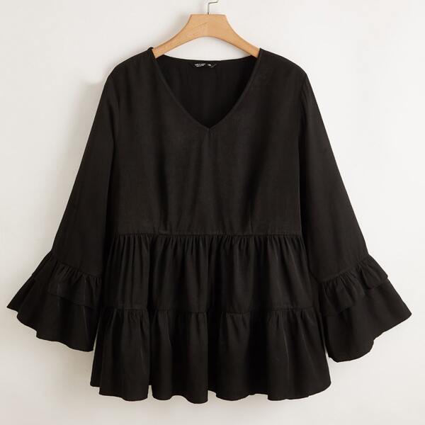 

Plus Layered Cuff Smock Top, Black