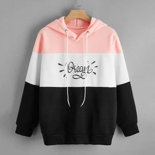 

Plus Cut And Sew Letter Graphic Drawstring Hoodie, Multicolor