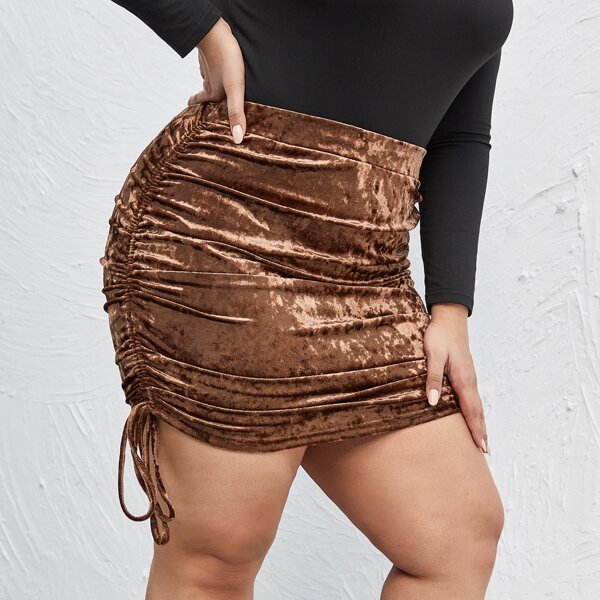 

Plus Velvet Drawstring Pencil Skirt, Brown