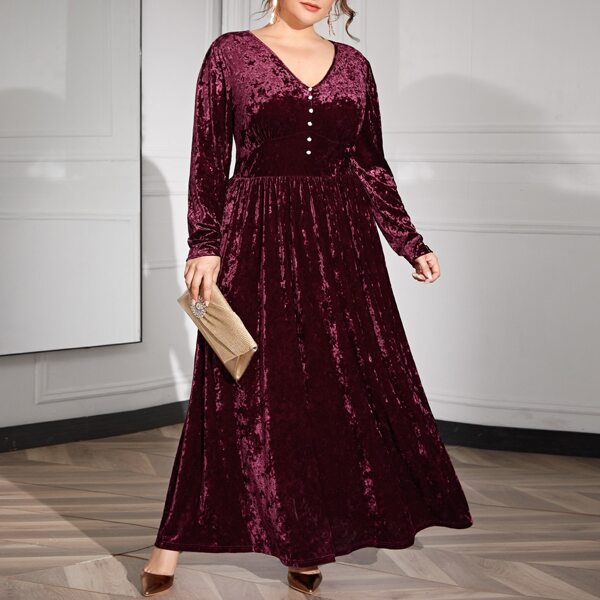 

Plus Button Detail Velvet Solid Dress, Maroon