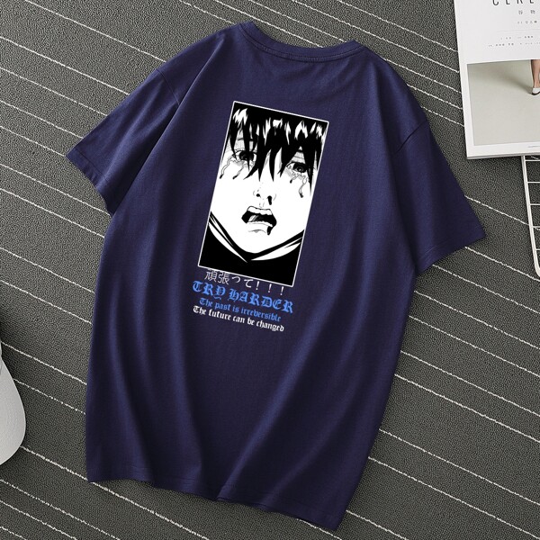 

Men Figure And Japanese Letter Print Tee, Navy blue