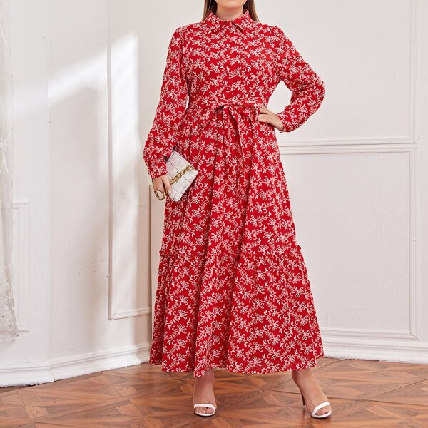 

Plus Collared Self Belted Floral Schiffy Dress, Red