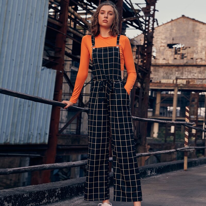 

Plaid Drawstring Waist Overall Jumpsuit, Black and white
