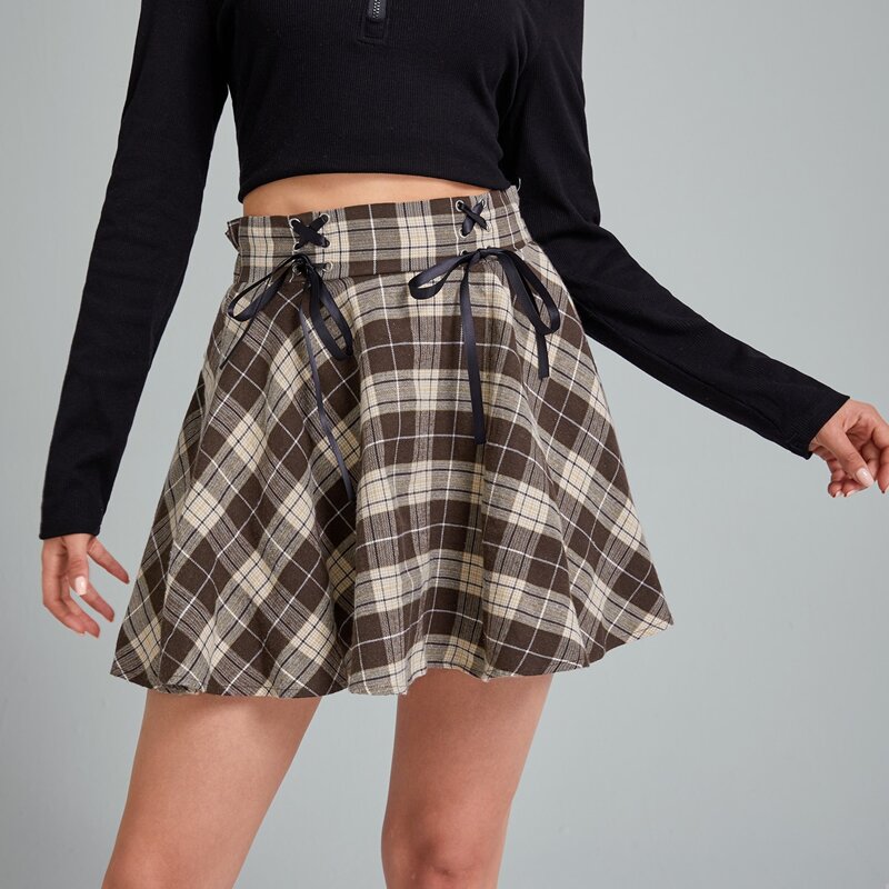 

Plaid Lace Up Skater Skirt, Multicolor