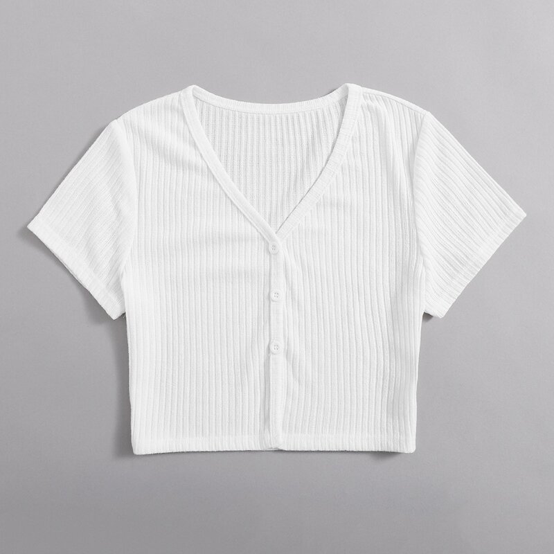 

Solid Button Front Ribbed Tee, White