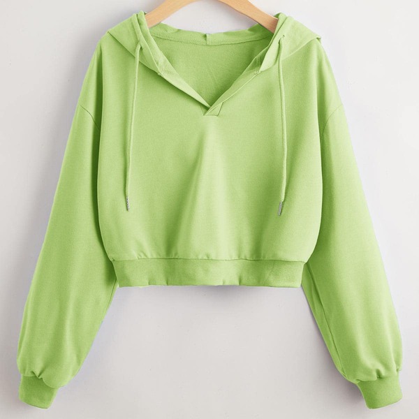 

Drop Shoulder Drawstring Crop Hoodie, Lime green