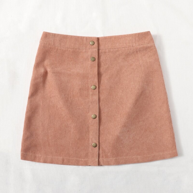 

Solid Corduroy Button Front Skirt, Coral pink