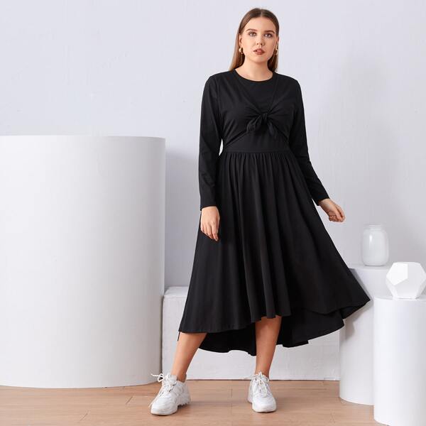 

Plus Knot Front Dip Hem Dress, Black