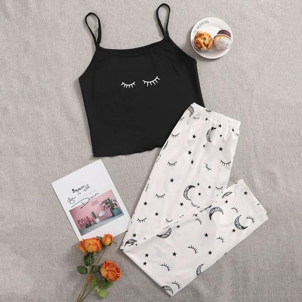 

Plus Eyelash And Galaxy Print Cami Pajama Set, Black and white