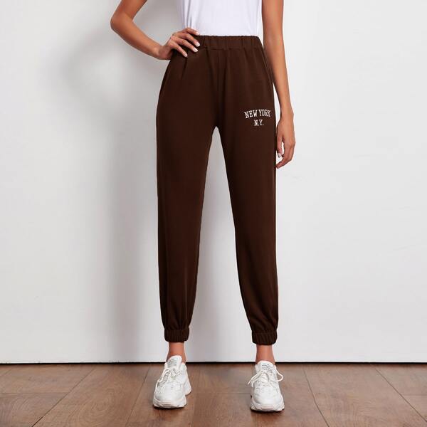 

Letter Graphic Elastic Waist Sweatpants, Chocolate brown