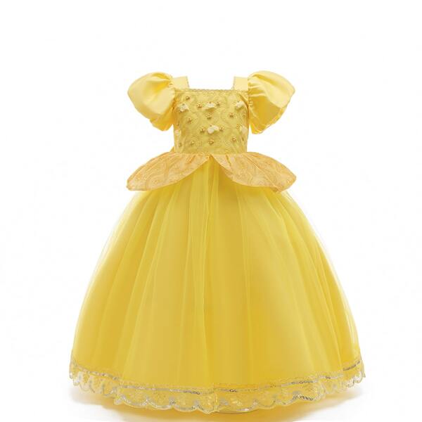 

Girls Pearls Puff Sleeve Peplum Mesh Gown Dress, Yellow