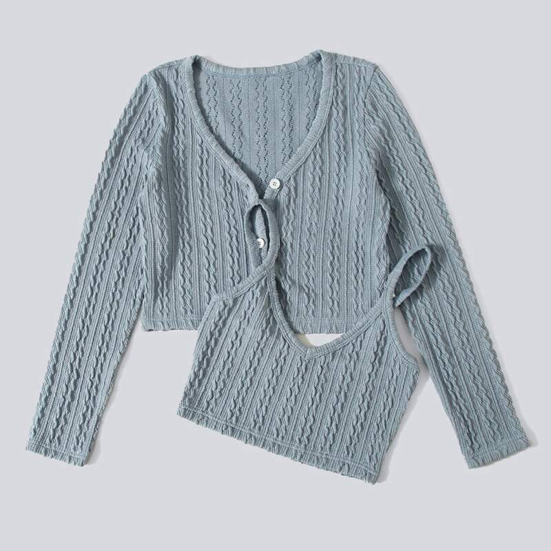 

Solid Cable Knit Button Front Cardigan & Crop Knit Top, Dusty blue