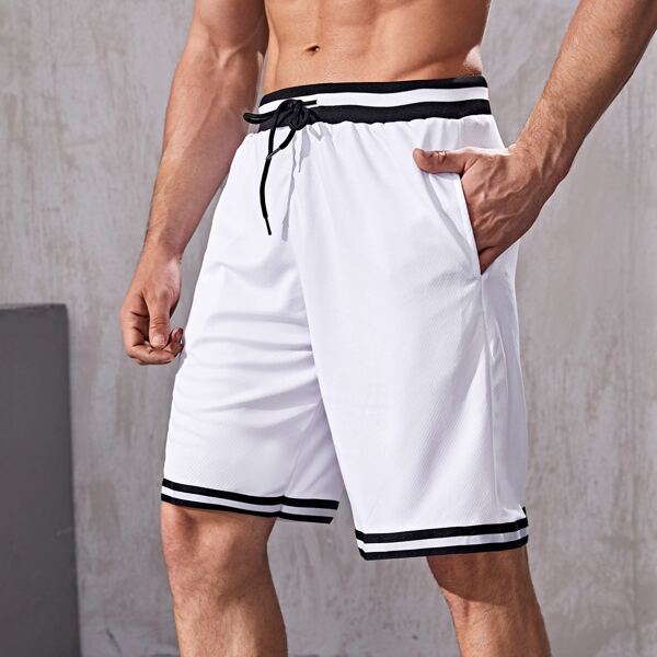 

Men Drawstring Striped Trim Sports Shorts, White