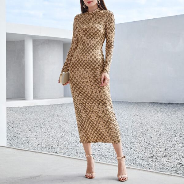 

Allover Print Mock Neck Bodycon Dress, Khaki