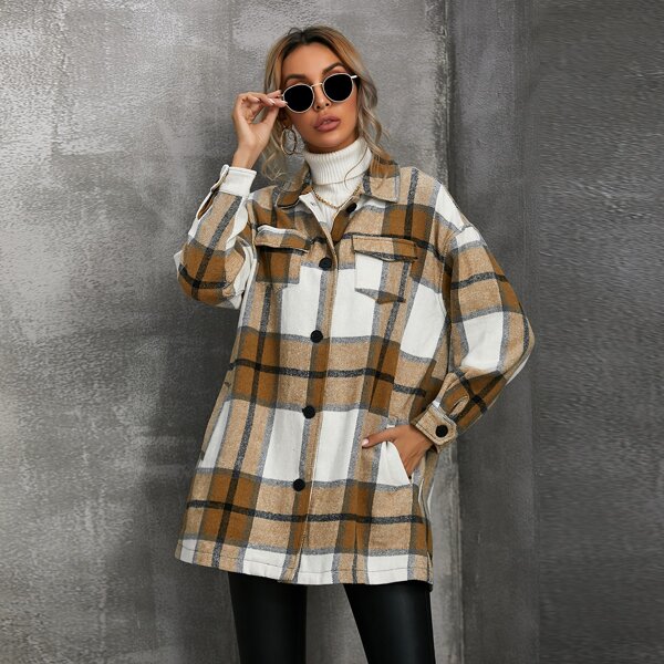 

Flap Pocket Button Front Plaid Oversized Coat, Multicolor