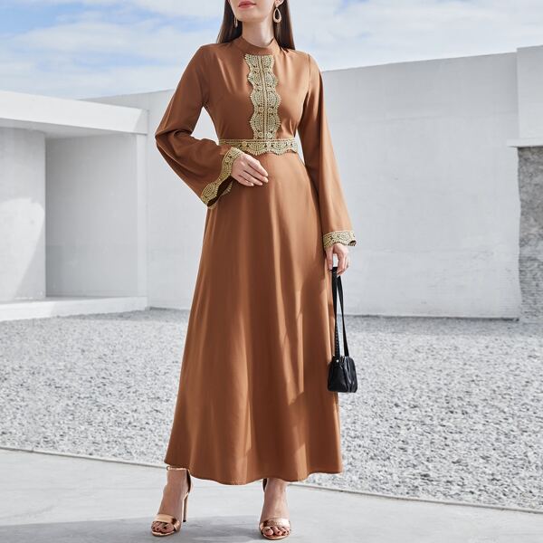 

Mock Neck Contrast Guipure Lace A-line Dress, Coffee brown