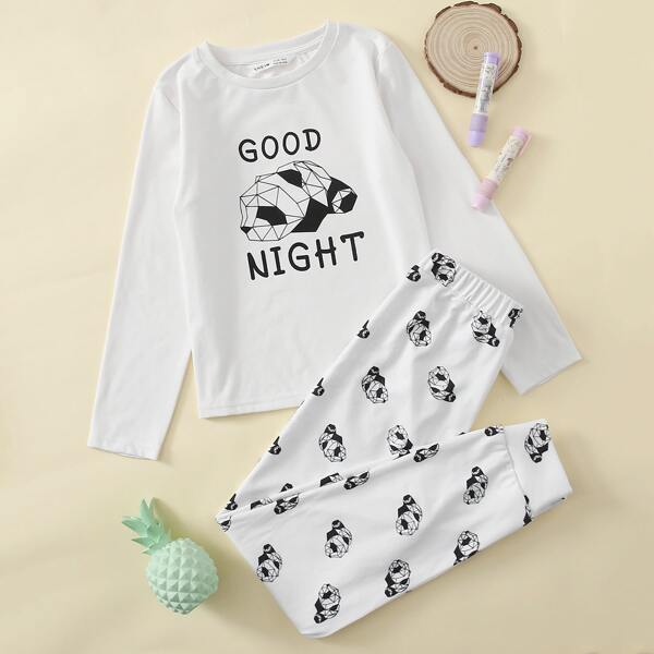 

Girls Letter & Graphic Print Top and Pants PJ Set, White