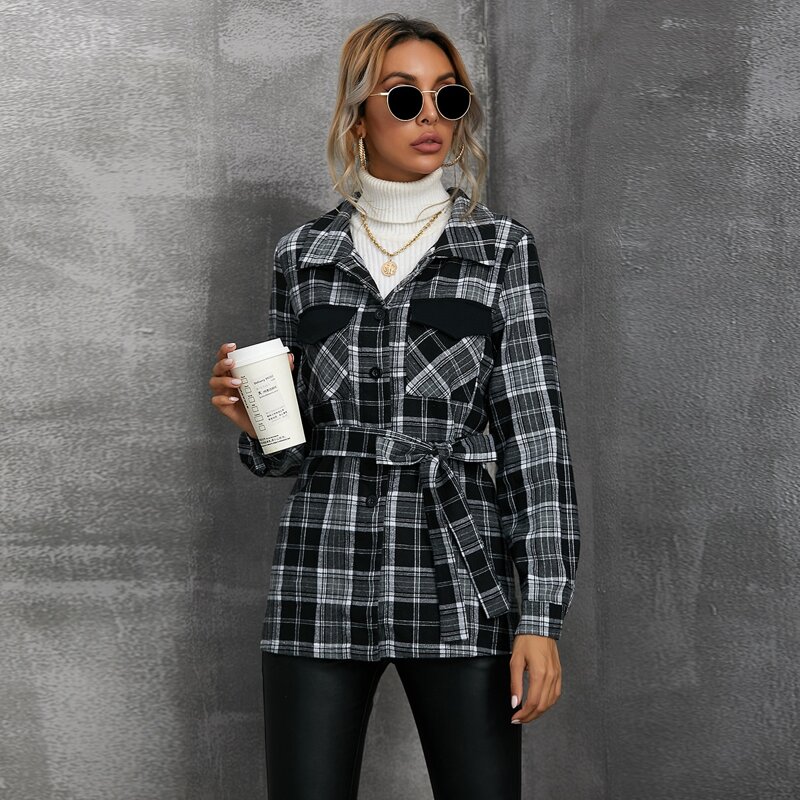 

Flap Pocket Button Front Belted Plaid Blouse, Black and white
