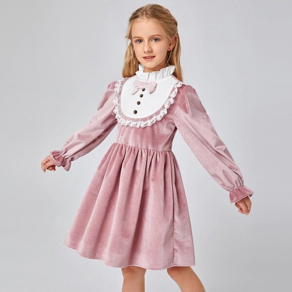 

Girls Bow Front Embroidery Mesh Velvet Dress, Dusty pink