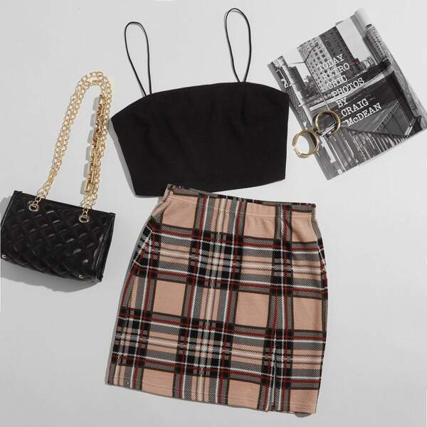 

Plus Cami Top & Plaid Skirt Set, Multicolor