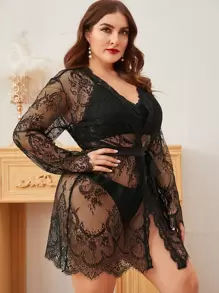 Bata de dormir transparente con encaje floral sin set de lencería y cinturón - Negro - Ver 5