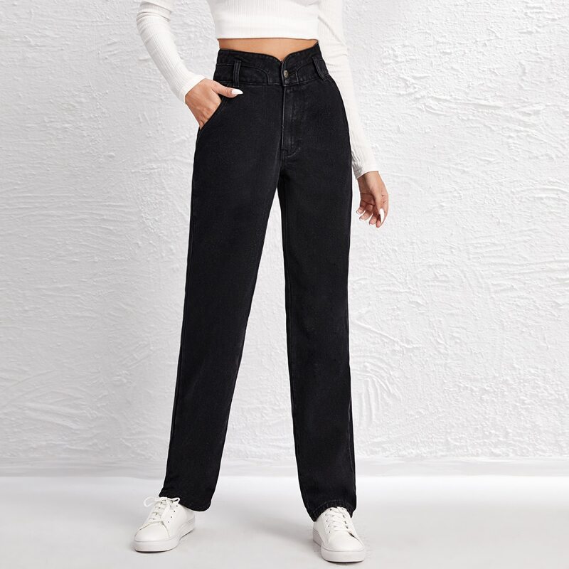 

Notch Waist Slant Pocket Straight Jeans, Black