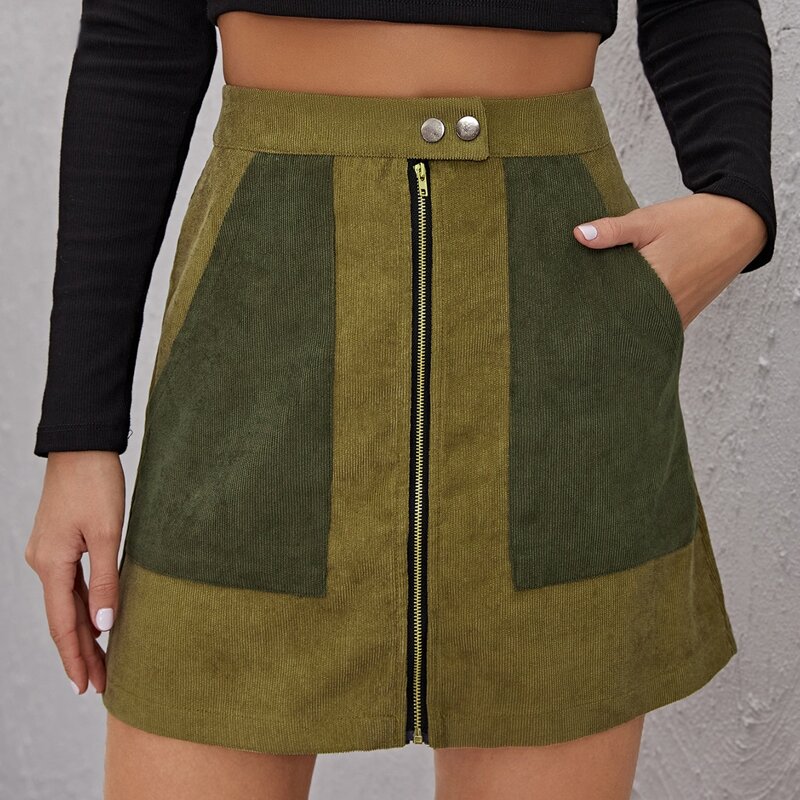 

High Waist Color Block Cord Skirt, Olive green