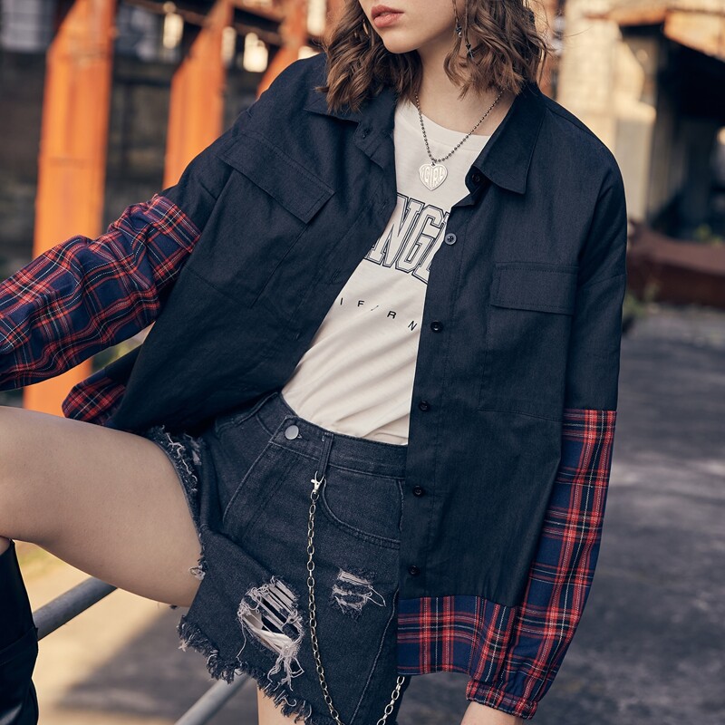 

Flap Pocket Contrast Tartan Overshirt, Black