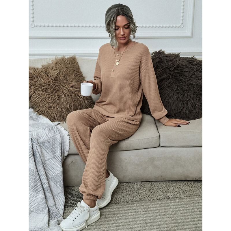 

Drop Shoulder Rib-knit Tee With Pants, Apricot