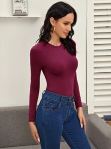 SHEIN Essnce Solid Form Fitted Bodysuit - Burgundy - View 4