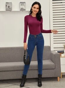 SHEIN Essnce Solid Form Fitted Bodysuit - Burgundy - View 5