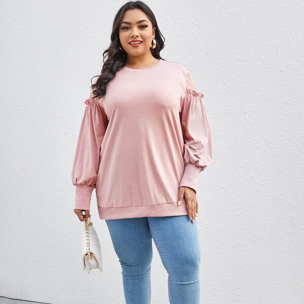 

Plus Contrast Dobby Mesh Frill Sweatshirt, Baby pink