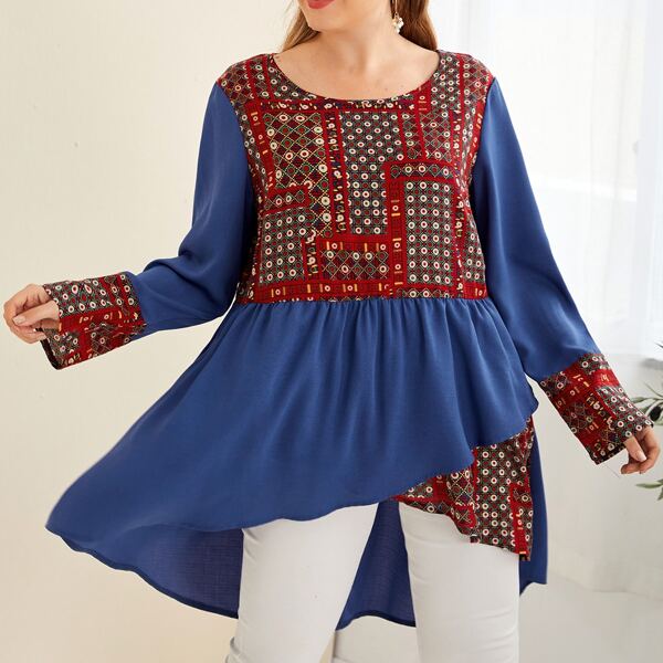 

Plus Geo Print Dip Hem Peplum Blouse, Multicolor
