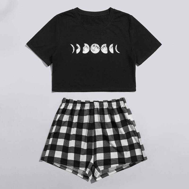 

Moon Graphic Tee & Gingham Shorts PJ Set, Black