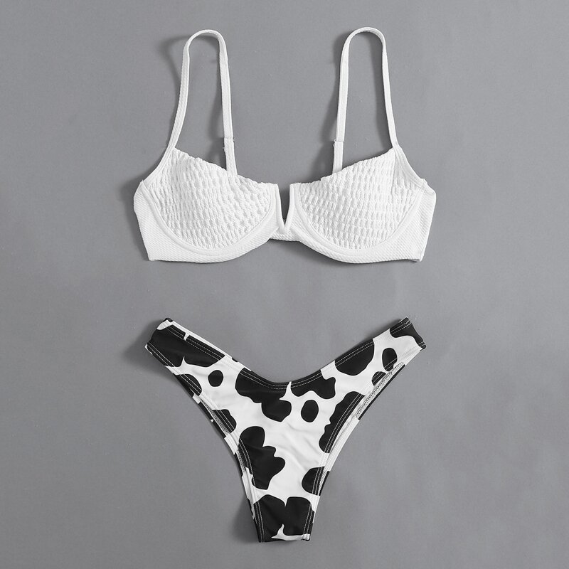 

Cow Print V Wired Push Up Bikini Swimsuit, Black and white