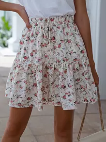 繫帶腰荷葉邊下擺花卉半身裙 - 彩色 - 查看 1
