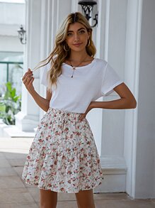 繫帶腰荷葉邊下擺花卉半身裙 - 彩色 - 查看 3