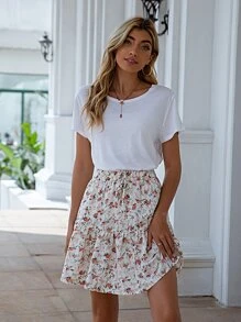 繫帶腰荷葉邊下擺花卉半身裙 - 彩色 - 查看 4