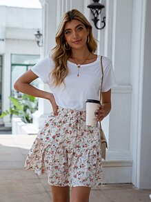 繫帶腰荷葉邊下擺花卉半身裙 - 彩色 - 查看 7