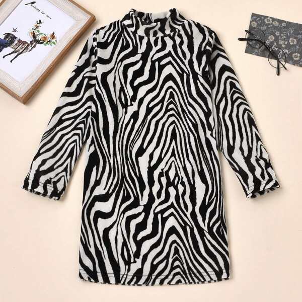

Toddler Girls Mock Neck Zebra Striped Velvet Dress, Black and white