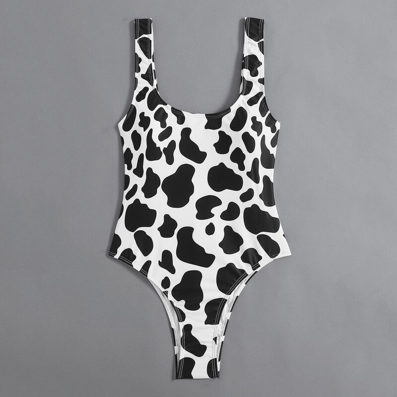 

Cow Print One Piece Swimsuit, Black and white