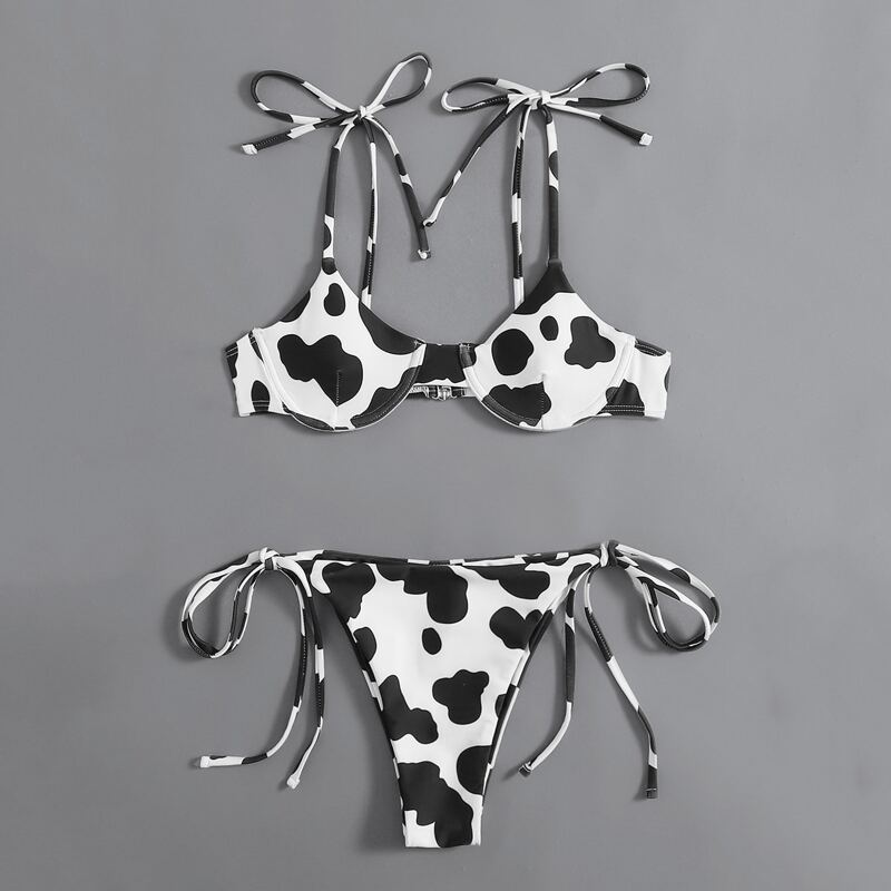 

Cow Print Tie Side Bikini Swimsuit, Black and white