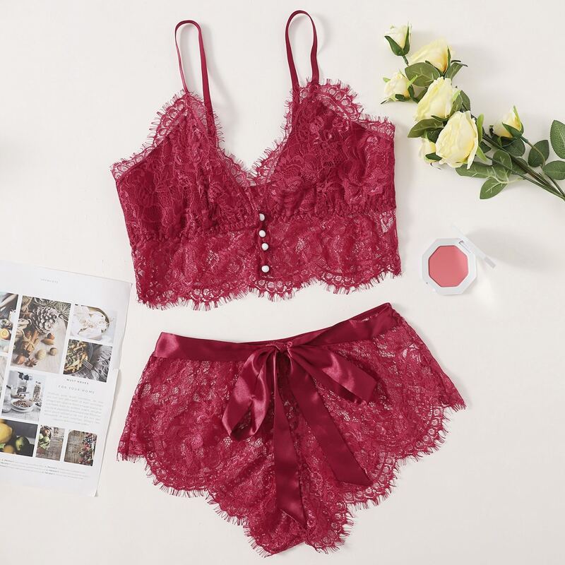 

Floral Lace Button Front Lingerie Set, Red