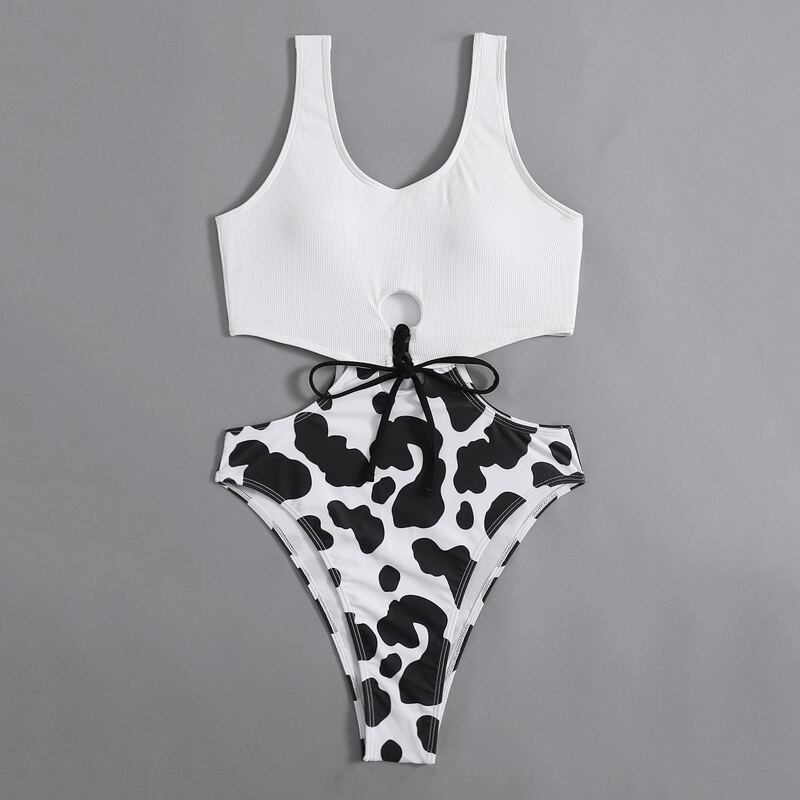 

Cow Print Cut-out One Piece Swimsuit, Black and white