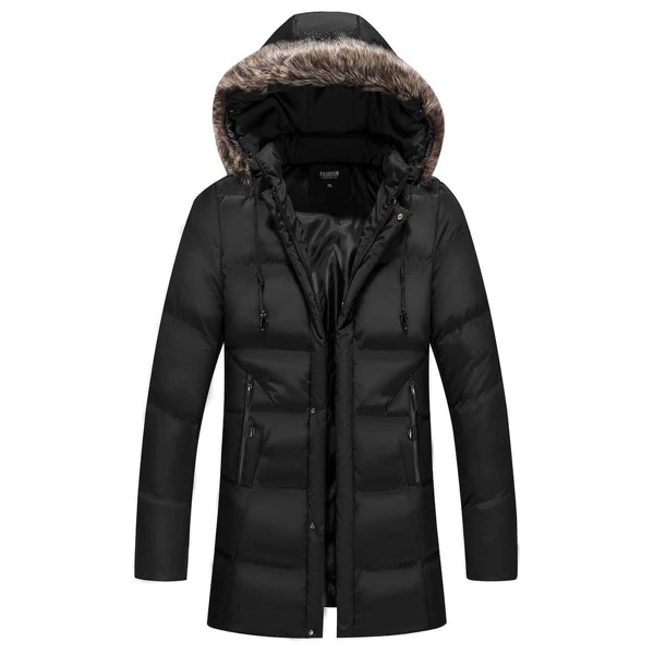 

Men Zip Pocket Drawstring Hooded Puffer Coat, Black