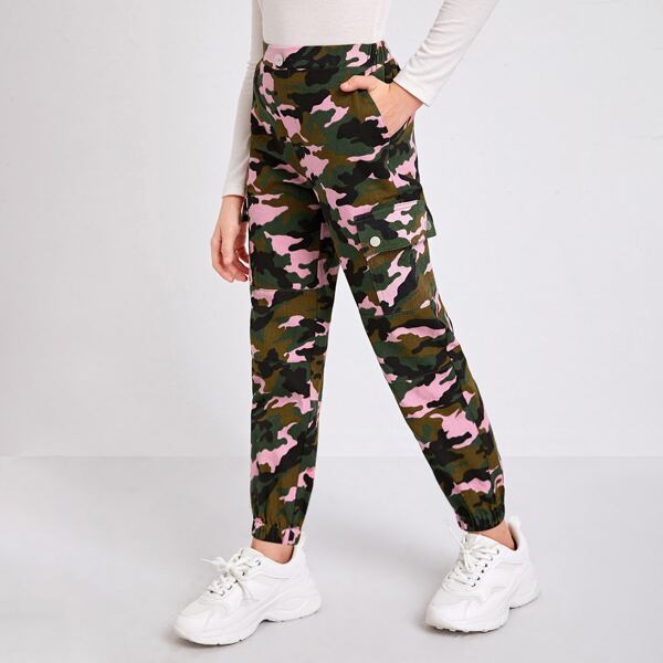 

Girls Flap Pocket Side Camo Pants, Multicolor